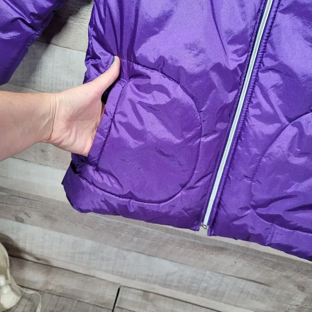 Girls Fleece Lined Jacket Sz 14 Removable Hood Purple Embroidered Coat CUFF FLAW